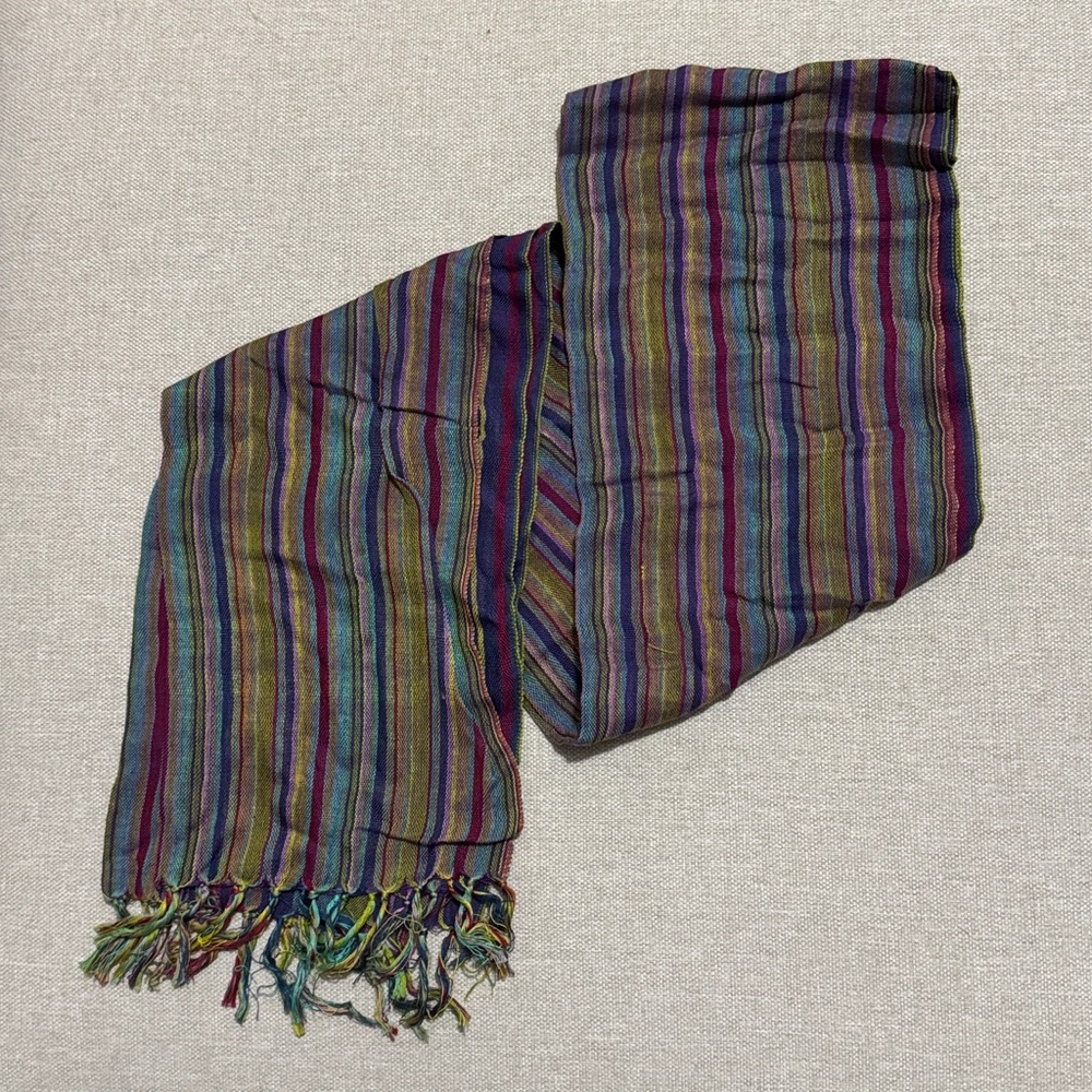 Striped Fringed Scarf-Bright Multi Color-Cotton Poly Blend-EUC - Picture 9 of 11